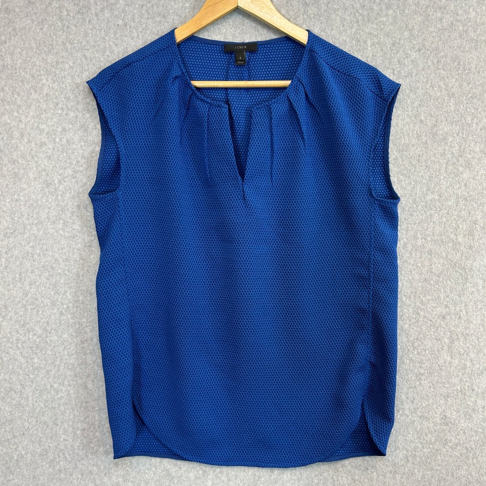 J.Crew Size 2 Sleeveless Blouse Blue Honeycomb Cocoon Textured Split Neck Career